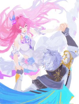 1girl armor bare_shoulders blue_cape breasts cape coat cyrene_(honkai:_star_rail) cyrene_(ripples_of_past_reverie)_(honkai:_star_rail) detached_sleeves dress flower hair_flower hair_ornament hashtag-only_commentary highres honkai:_star_rail honkai_(series) interlocked_fingers large_breasts long_hair open_mouth pauldrons phainon_(honkai:_star_rail) pink_hair short_hair shoulder_armor simple_background single_pauldron smile suan_jiao very_long_hair white_background white_coat white_dress white_hair