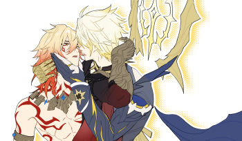 Rule 34 | 2boys, abs, arm tattoo, armlet, black coat, blonde hair, braid, chest tattoo, clawed gauntlets, coat, earrings, facial tattoo, gold earrings, gold necklace, gradient hair, halo, halo behind head, hand on another's face, hand on another's head, highres, honkai: star rail, honkai (series), imminent kiss, jewelry, male focus, material growth, medium hair, migan, multicolored hair, multiple boys, mydei (honkai: star rail), necklace, open clothes, open coat, phainon (honkai: star rail), phainon (khaslana) (honkai: star rail), red hair, red tattoo, short hair, side braid, spiked hair, tattoo, toned, toned male, yaoi, yellow eyes