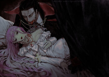 1boy 1girl absurdres alternate_costume bleeding blood blood_from_mouth blood_from_neck cape commentary_request cross cross_necklace dark dracule_mihawk facial_hair haebo_(haebo) highres jewelry long_hair looking_at_viewer mustache neck_grab necklace nightgown one_piece pencil_mustache perona pink_hair short_hair unconscious vampire white_nightgown yellow_eyes
