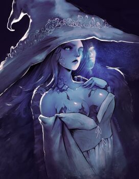 Rule 34 | 1girl, blue eyes, blue hair, blue skin, breasts, cloak, closed mouth, colored skin, cracked skin, doll joints, dress, elden ring, extra arms, extra faces, fur cloak, hat, highres, joints, large hat, long hair, miss faves, one eye closed, ranni the witch, solo, white dress, witch, witch hat