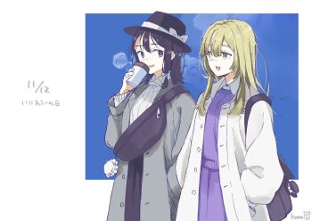 2girls artist_name bag black_eyes black_hair black_skirt blonde_hair coat commentary_request cup disposable_coffee_cup disposable_cup grey_coat hat highres holding holding_cup kumateya long_hair looking_at_another maribel_hearn medium_hair multiple_girls no_headwear open_clothes open_coat parted_lips purple_skirt purple_sweater shirt skirt smile sweater touhou usami_renko white_coat white_shirt white_sweater yellow_eyes
