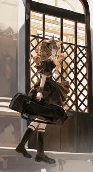 1girl angelina_(ambience_synesthesia_2021)_(arknights) angelina_(arknights) animal_ears arknights black_dress black_socks brown_eyes brown_hair closed_mouth dress fox_ears fox_girl full_body highres holding kneehighs loafers long_hair looking_at_viewer pe902 shoes socks solo twintails window