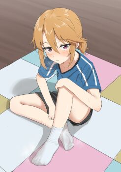 1girl absurdres blonde_hair blush feet highres idolmaster idolmaster_cinderella_girls long_hair looking_at_viewer losk purple_eyes shorts socks soles steam white_socks yuuki_haru