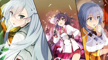 3girls :d ahoge asakura_mihono ayanokouji_martial_arts_school_uniform black_bow black_bowtie black_gloves blue_eyes blue_hair bow bowtie braid breasts brown_hair collared_shirt crossed_bangs fingerless_gloves game_cg glasses gloves grey_hair grey_sailor_collar hair_between_eyes half_up_braid hand_up jacket kitora_mirja large_breasts long_hair long_sleeves looking_at_viewer medium_hair miniskirt minoseki_gakuin_uniform mole mole_under_eye multiple_girls neck_ribbon non-web_source open_mouth orange_eyes orange_jacket orange_ribbon osafune_girls_academy_school_uniform pink-framed_eyewear pleated_skirt red_eyes red_skirt ribbon sailor_collar school_uniform setouchi_chie shirt sidelocks skirt smile split_screen standing sweat toji_no_miko toji_no_miko:_kizamishi_issen_no_tomoshibi two_side_up v-shaped_eyebrows white_shirt winter_uniform