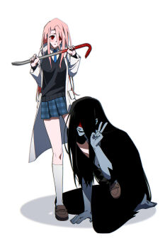 Rule 34 | 1boy, 1girl, absurdres, adashino adami, bbabbamis2, black hair, black kimono, black sweater, blood, blood on face, bloody weapon, coat, commentary request, crowbar, full body, highres, holding, holding crowbar, homicipher, japanese clothes, kimono, korean commentary, long hair, mr. crawling, open clothes, open coat, pink hair, raincoat, red eyes, ringed eyes, school uniform, simple background, skirt, sweater, v, very long hair, weapon, white background, white raincoat