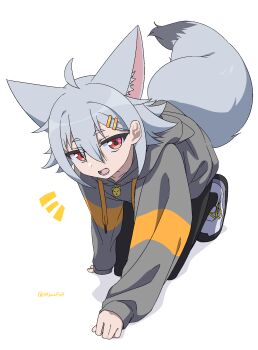 Rule 34 | 1girl, ahoge, all fours, animal ear fluff, animal ears, black pantyhose, commentary, extra ears, fox ears, fox girl, fox tail, grey hoodie, hair between eyes, hair ornament, hairclip, highres, hood, hoodie, long sleeves, looking at viewer, minowa sukyaru, miwa kitsune-chan, notice lines, open mouth, original, pantyhose, red eyes, shadow, shoes, short hair, simple background, sleeves past wrists, sneakers, solo, tail, twitter username, untranslatable commentary, white background