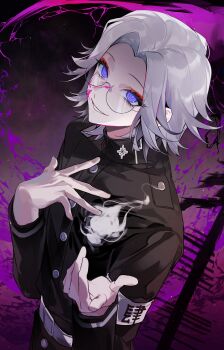 1boy absurdres aotsuki_eito armband black_jacket blood blood_on_face chinese_commentary chunjinran000 commentary_request evil_grin evil_smile eyeshadow gakuran glasses gloves grey_hair grin hands_up highres jacket last_defense_academy_school_uniform looking_at_viewer makeup male_focus outstretched_hand pink_blood purple_eyes red_eyeshadow ringed_eyes school_uniform short_hair smile solo the_hundred_line_-last_defense_academy- white_armband white_gloves