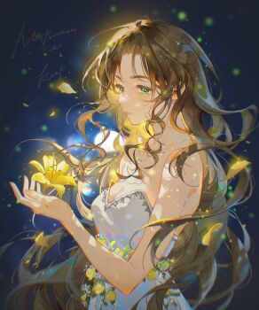 Rule 34 | 1girl, aerith gainsborough, aerith gainsborough (white floral dress), bare arms, bare shoulders, brown hair, dress, dress flower, falling petals, final fantasy, final fantasy vii, final fantasy vii rebirth, final fantasy vii remake, flower, green eyes, highres, holding, holding flower, jewelry, lily (flower), long hair, multiple necklaces, necklace, official alternate costume, parted bangs, parted lips, petals, rose, sidelocks, solo, song name, strapless, strapless dress, tidsean, wavy hair, white dress, yellow flower, yellow petals, yellow rose