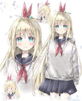 ! 1girl absurdres alternate_costume ayaro_(genkiloobaii) black_sailor_collar black_skirt blonde_hair blue_eyes blush chibi chibi_inset closed_mouth commentary cowboy_shot eyelashes eyes_visible_through_hair flying_sweatdrops grey_sweater hair_between_eyes hair_ornament hair_ribbon hair_stick hands_up heaven_burns_red highres kanzaki_adelheid long_hair looking_at_viewer miniskirt motion_lines multiple_views neckerchief o_o open_mouth pleated_skirt red_neckerchief red_ribbon ribbon sailor_collar school_uniform serafuku sidelocks simple_background skirt sleeves_past_wrists smile split_mouth straight_hair sweatdrop sweater upper_body very_long_hair wavy_mouth white_background zoom_layer