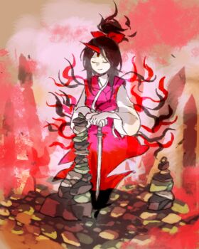 1girl bow brown_hair closed_eyes closed_mouth commentary_request hair_bow holding holding_sword holding_weapon horns japanese_clothes kaigen_1025 kimono konngara_(touhou) long_sleeves red_bow red_horns red_kimono rock single_horn sleeveless sleeveless_kimono smile solo stack sword touhou touhou_(pc-98) weapon white_sleeves