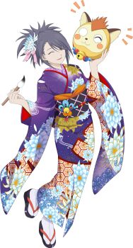 Rule 34 | 1girl, artist request, black hair, brown eyes, fujibayashi sheena, full body, game cg, high ponytail, highres, japanese clothes, kimono, looking at viewer, medium hair, official alternate costume, official art, one eye closed, open mouth, paintbrush, ponytail, purple kimono, sandals, smile, solo, tales of (series), tales of asteria, tales of symphonia, third-party source, transparent background