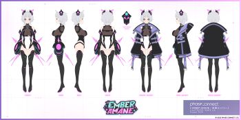 1girl absurdres ahoge animal_ears artist_name ass black_boots black_jacket blunt_bangs blush boots breasts character_name closed_mouth clothing_cutout commentary copyright_notice covered_navel ember_amane ember_amane_(wish) english_commentary fake_animal_ears gluteal_fold grey_hair hair_intakes highres jacket leotard mole mole_under_eye multiple_views off_shoulder official_alternate_costume official_alternate_hairstyle official_art open_clothes open_jacket phase_connect purple_eyes reference_sheet refla second-party_source shoulder_cutout sleeves_past_fingers sleeves_past_wrists virtual_youtuber wolf_cut