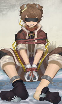 1boy absurdres animal_ears arknights bdsm birchboat black_socks blindfold bondage bound bound_wrists brown_jacket brown_pants cuffs dog_boy dog_ears dog_tail goggles goggles_around_neck greyy_(arknights) greyy_the_lightningbearer_(arknights) highres jacket laughing male_focus no_shoes pants parted_lips removing_sock shackles short-sleeved_jacket short_sleeves socks sweatdrop tail teeth tickling tickling_feet trembling tube upper_teeth_only
