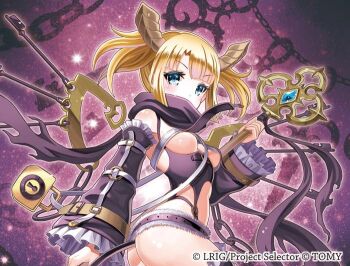 Rule 34 | 1girl, aqua eyes, blonde hair, breasts, brown horns, copyright notice, covered mouth, detached sleeves, holding, holding weapon, horns, key, lock, madopen, official art, padlock, purple scarf, revealing clothes, scarf, small breasts, solo, twintails, umr (wixoss), weapon, wixoss