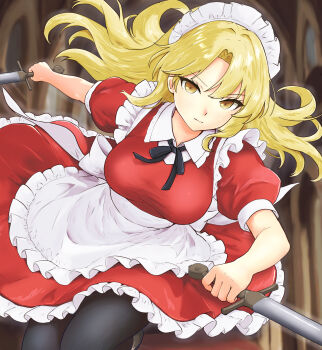1girl apron black_pantyhose black_ribbon blonde_hair bow commentary_request curtained_hair dutch_angle frilled_skirt frills highres hinben holding holding_sword holding_weapon long_hair looking_at_viewer maid maid_apron maid_day maid_headdress neck_ribbon pantyhose puffy_short_sleeves puffy_sleeves red_shirt red_skirt ribbon serious shirt short_sleeves skirt solo sword touhou touhou_(pc-98) waist_bow weapon white_bow yellow_eyes yumeko_(touhou)
