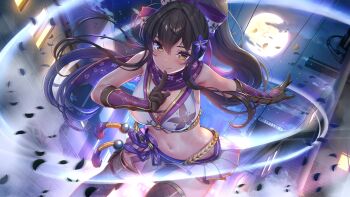 1girl absurdres akasaai black_gloves black_hair breasts commentary_request full_moon game_cg gloves high_ponytail highres large_breasts leaning_forward long_hair midriff moon navel night ninja ninnindays official_art outdoors pleated_skirt ponytail scarf skirt smile solo stomach_day sumire_(ninnindays) thighhighs very_long_hair wind yellow_eyes