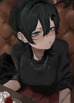 1girl :t black_hair black_shirt blue_eyes blush breasts cake cake_slice closed_mouth commentary earclip food fruit hair_between_eyes hair_ornament hairclip highres jewelry large_breasts looking_at_viewer medium_hair necklace original pout shirt sitting sleeves_rolled_up solo strawberry table ti28domiro