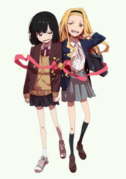 Rule 34 | 2girls, absurdres, aged up, bag, bangs pinned back, black eyes, black hair, black hairband, black skirt, black socks, blonde hair, blush, bow, bowtie, brown shoes, collared shirt, commentary request, full body, grey skirt, hairband, half-closed eyes, highres, jacket, kirarazaka marina, kuze shizuka, long hair, long sleeves, multiple girls, open mouth, pleated skirt, ribbon, school bag, school uniform, shirt, shoes, short hair, skirt, smile, socks, star (symbol), takopii no genzai, teeth, uneven eyes, white background, white socks, yamaguchi haruka (tenpiboshi), yellow eyes