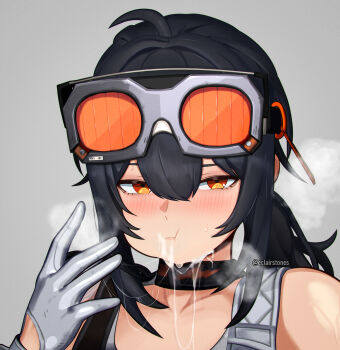 1girl 3d :t artist_name bare_shoulders black_hair blender_(medium) blush choker commentary cum cum_in_mouth cum_on_body dab_neko eclairstones english_commentary facial gloves goggles goggles_on_head grace_howard grey_background grey_gloves hand_up heavy_breathing highres long_hair looking_at_viewer nose_blush orange_eyes photoshop_(medium) twitter_username upper_body zenless_zone_zero