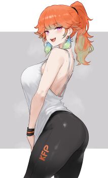1girl absurdres alternate_costume ass bluefield breasts commentary earrings feather_earrings feathers gradient_hair green_hair highres hololive hololive_english jewelry large_breasts looking_at_viewer multicolored_hair open_mouth orange_hair pants purple_eyes smile solo sweat takanashi_kiara tight_clothes tight_pants virtual_youtuber yoga_pants