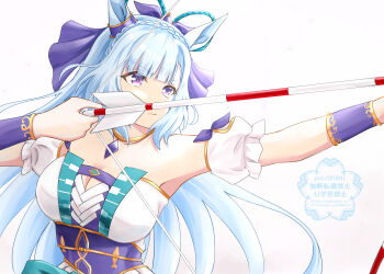 Rule 34 | 1girl, animal ears, arrow (projectile), bare shoulders, blue corset, blue hair, bow (weapon), braid, breasts, cleavage, closed mouth, commentary request, corset, crown braid, diamond choker, drawing bow, dress, ear ornament, highres, holding, holding arrow, holding bow (weapon), holding weapon, horse ears, horse girl, large breasts, long hair, mejiro ardan (flowers of prayer dance in the night breeze) (umamusume), mejiro ardan (umamusume), official alternate costume, purple eyes, simple background, solo, strapless, strapless dress, take20131004, umamusume, upper body, weapon