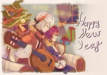 1other 2boys c4epyha christmas_tree closed_eyes commentary curtains english_commentary genshin_impact gift guitar hair_ribbon happy_new_year hat highres holding holding_guitar holding_instrument instrument kaedehara_kazuha male_focus multiple_boys new_year ribbon santa_hat scaramouche_(cat)_(genshin_impact) scaramouche_(genshin_impact) scarf shikanoin_heizou smile teeth window