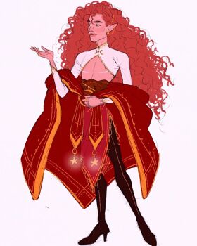 1boy arcanegold belt belt_around_waist black_boots black_eyeliner black_eyes black_pantyhose boots cloak closed_mouth collared_shrug colored_skin commentary cuntboy curly_hair dungeons_&amp;_dragons ear_piercing elf english_commentary eyeliner fantasy flat_chest full_body glowing gold_piercing gold_ring hand_on_own_stomach hand_up high_heel_boots high_heels highres hood hooded_cloak jacket jacket_partially_removed light_smile long_hair looking_to_the_side makeup mandarin_collar mastectomy_scar mole mole_above_mouth nipples original ornate pantyhose piercing pink_hair pink_skin pointy_ears red_belt red_cloak red_sarong red_sash sarong sash scar scar_on_chest shrug_(clothing) simple_background sketch standing thick_eyebrows thick_lips wesley_(arcanegold) white_background white_shrug yellow_trim