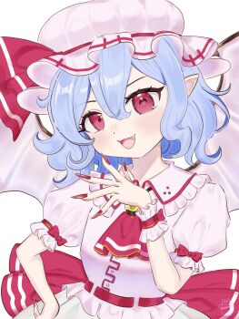 1girl absurdres artist_logo ascot bat_wings blue_hair brooch commentary_request fang hair_between_eyes hand_on_own_hip hat highres jewelry logo looking_at_viewer mob_cap nail_polish open_mouth pink_hat pink_shirt puffy_short_sleeves puffy_sleeves red_ascot red_eyes red_nails remilia_scarlet shirt short_hair short_sleeves simple_background solo touhou touhou_lostword white_background wings yoketarou