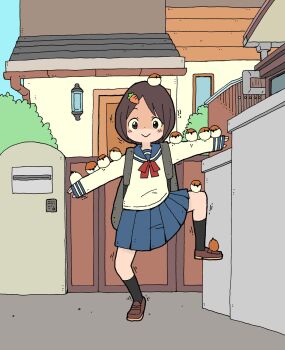 1girl :> animal animal_on_arm animal_on_head bird black_socks blue_sailor_collar blue_skirt blue_sky blush_stickers bow brown_eyes brown_hair brown_shoes building carrot_hair_ornament closed_mouth commentary_request day door food-themed_hair_ornament full_body hair_ornament highres loafers long_sleeves looking_at_viewer on_head original outdoors parted_bangs pleated_skirt red_bow sailor_collar school_uniform serafuku shirt shoes skirt sky sleeves_past_wrists socks solo sparrow standing standing_on_one_leg white_shirt window yukimoto_shuuji_(gurigura)