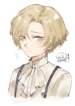 1boy ascot blonde_hair chibi closed_mouth hashtag-only_commentary higashiaoi_7 highres limbus_company looking_at_viewer official_alternate_costume project_moon short_hair simple_background sinclair_(project_moon) solo suspenders sweat upper_body white_ascot white_background yellow_eyes