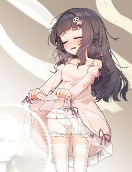 1girl absurdres animal_ears bloomers blunt_bangs closed_eyes clothes_lift commentary dress electric_fan english_commentary estelle_(vtuber) fanning_crotch gumi_(guminghc) hair_ornament highres hot indie_virtual_youtuber lace lace-trimmed_thighhighs lace_trim lifting_own_clothes long_hair long_sleeves open_mouth second-party_source sheep_ears sheep_girl sheep_hair_ornament skirt skirt_lift solo standing sweat thighhighs underwear virtual_youtuber white_bloomers white_dress white_thighhighs