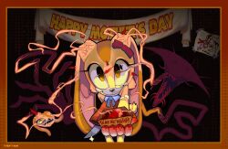 1other 2girls absorbing bare_shoulders blood blood_on_hands body_horror box brown_eyes collared_dress colored_skin corruption crazy_smile cream_the_rabbit dark_persona drawing_(object) dress eldritch_abomination empty_eyes flesh gift gift_box gloves heart highres holding holding_knife horror_(theme) knife long_fingers looking_at_viewer monster mother&#039;s_day multiple_girls orange_dress possessed purple_skin red_dress sega sharp_teeth sleeveless sleeveless_dress smile sonic_(series) spikes teeth twentyann vanilla_the_rabbit veins white_gloves yellow_eyes