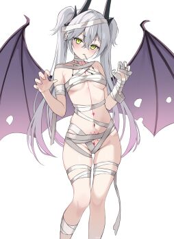 1girl absurdres bandages bare_shoulders breasts crossed_bangs demon_girl demon_horns demon_wings ear_piercing fate/grand_order fate_(series) green_eyes grey_hair hair_between_eyes highres horns lilith_(fate) long_hair looking_at_viewer medium_breasts nagine naked_bandage navel piercing pointy_ears solo thighs twintails very_long_hair wings