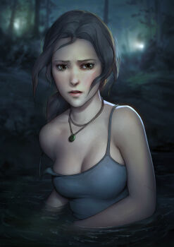 1girl bad_id bad_tumblr_id breasts brown_eyes brown_hair cleavage female_focus flashlight fleeing i0525 jewelry lara_croft lips long_hair low_ponytail necklace no_bra nose pendant ponytail solo spaghetti_strap strap_slip tank_top tomb_raider tomb_raider_(reboot) upper_body wading