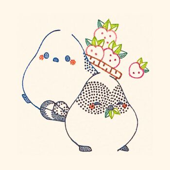 Rule 34 | ^ ^, animal focus, basket, bird, closed eyes, commentary request, eating, food, fruit, highres, long-tailed tit, no humans, original, strawberry, tit (bird), touko (nagomino), traditional media