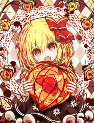 Rule 34 | 1girl, absurdres, black skirt, blonde hair, bow, chinese lantern (plant), commentary request, fangs, food, fruit, hair bow, highres, holding, holding food, holding fruit, leaf, long sleeves, looking at viewer, open mouth, red bow, red eyes, ro.ro, rumia, skin fangs, skirt, smile, solo, touhou