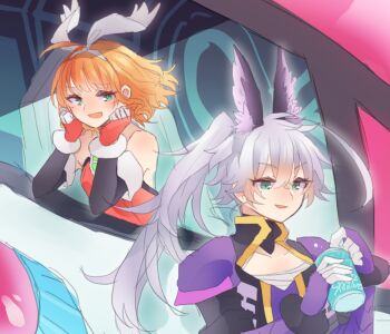 1girl animal_ears artist_request blaster_master_zero blaster_master_zero_2 blaster_master_zero_3 blonde_hair blush can choker drink drink_can green_eyes grey_hair hair_ribbon hug leibniz long_hair lucia_(blaster_master_zero) ponytail ribbon sarashi short_hair soda_can tagme