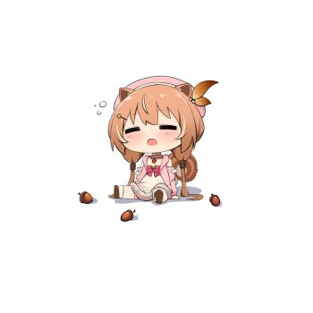 1girl =_= animal_ears ayunda_risu ayunda_risu_(1st_costume) beret bow bowtie brown_choker brown_hair brown_shoes cardigan chest_bow chibi choker clothing_cutout commentary dress english_commentary full_body fur_choker hair_ornament hairclip hat highres hololive hololive_indonesia leaf_hair_ornament long_hair low_twintails multicolored_hair open_mouth pink_bow pink_bowtie pink_cardigan ribbed_socks shoes short_dress shoulder_cutout sitting socks solo squirrel_ears squirrel_girl squirrel_tail streaked_hair tail twintails virtual_youtuber white_dress white_hair white_socks yuyu5x
