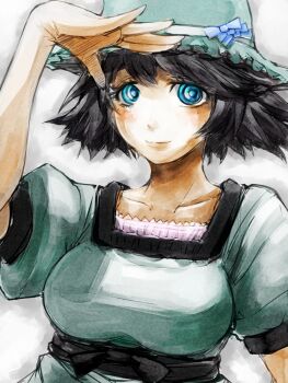 1girl black_hair blue_eyes breasts collarbone female_focus gradient_background hat ofuro_mantarou science_adventure shiina_mayuri short_hair solo steins;gate white_background