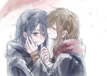 2girls adachi_sakura adachi_to_shimamura animal_ears articularm blue_eyes blue_hair blue_jacket blush brown_hair closed_mouth commentary dog_ears dog_girl hand_on_another's_cheek hand_on_another's_face hashtag-only_commentary jacket kemonomimi_mode long_sleeves multiple_girls red_scarf scarf shimamura_hougetsu yuri