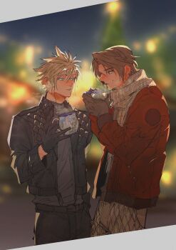aqua_eyes black_gloves black_jacket black_pantyhose blonde_hair blue_eyes blurry blurry_background brown_hair christmas christmas_tree cloud_strife coat commentary_request cup earrings final_fantasy final_fantasy_vii final_fantasy_vii_g-bike final_fantasy_viii gloves grey_gloves grey_shirt hair_between_eyes highres holding holding_cup jacket jewelry light_blush looking_at_another official_alternate_costume pantyhose parted_bangs plaid_clothes plaid_scarf red_coat scar scar_on_face scar_on_forehead scarf shio_ga shirt short_hair single_earring spiked_hair squall_leonhart steaming_cup sweatdrop