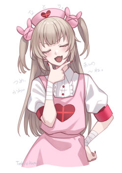 1girl artist_name bandaged_wrist bandages blush brown_hair center_frills chestnut_mouth collared_shirt commentary_request cropped_legs facing_viewer fang frills hair_ornament hand_on_own_chin hand_on_own_hip hat head_tilt heart heart_print long_hair natori_sana natori_sana_(nurse) nurse nurse_cap open_mouth puffy_short_sleeves puffy_sleeves rabbit_hair_ornament red_nails sana_channel shirt short_sleeves simple_background skin_fang smile smug solo straight-on stroking_own_chin toshio translation_request two_side_up v-shaped_eyebrows virtual_youtuber white_background white_shirt