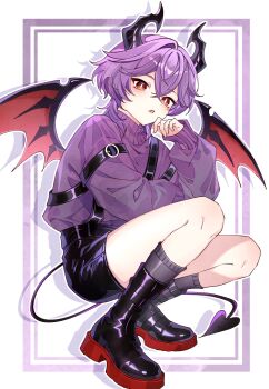 1boy alternate_costume bishounen black_shoes black_shorts black_socks demon_tail dragon_boy dragon_horns dragon_wings fang full_body genshin_impact highres horns kuro774_n looking_at_viewer male_focus mini_durin_(genshin_impact) mini_durin_(human)_(genshin_impact) open_mouth purple_hair purple_shirt purple_sweater red_eyes shirt shoes short_hair shorts socks solo squatting sweater tail wings