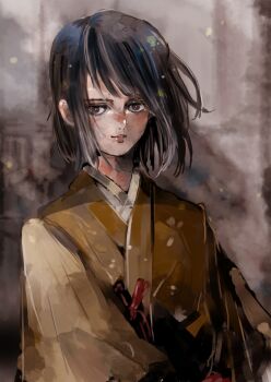 1girl black_hair brown_eyes brown_kimono closed_mouth commentary_request grey_background japanese_clothes kimono kuro_the_divine_heir looking_at_viewer sekiro:_shadows_die_twice short_hair smile solo umeyama_(toma23) upper_body