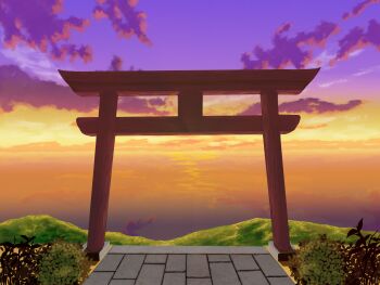 absurdres cloud colorful commentary_request evening highres horizon nayi no_humans ocean original plant purple_sky scenery sky torii