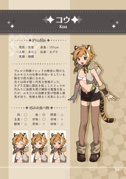 1girl :d :o absurdres ahoge animal_ear_fluff animal_ears armlet bandaged_arm bandaged_hand bandages bell black_shorts black_streaks blush bra braid braided_sidelocks breasts brown_eyes brown_shoes brown_thighhighs brown_vest character_name character_profile closed_eyes closed_mouth collar commentary_request fang full_body fur-trimmed_vest fur_trim green_collar green_panties half-closed_eyes highleg highleg_panties highres hood hood_down hooded_vest hoodie jewelry kou_(pekaso1118n) looking_at_viewer medium_hair midriff multicolored_hair multiple_expressions navel neck_bell nervous nervous_sweating open_clothes open_mouth open_vest orange_hair orange_tail original panties pekaso1118n reference_sheet shoes short_shorts shorts sidelocks skin_fang small_breasts smile solo standing stomach streaked_hair striped_tail sweat swept_bangs tail tareme thighhighs tiger_ears tiger_girl tiger_tail translation_request underwear vest white_bra white_streaks