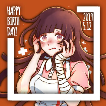 1girl apron bandaged_arm bandages blush collared_shirt commentary_request danganronpa_(series) danganronpa_2:_goodbye_despair dated eyelashes hands_on_own_face happy_birthday kiri_(2htkz) long_hair open_mouth pink_shirt purple_eyes purple_hair red_background shirt short_sleeves solo tsumiki_mikan upper_body white_apron
