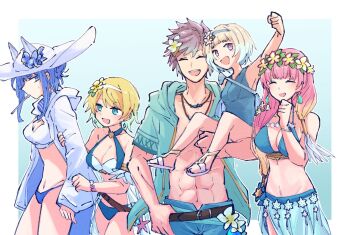 1boy 4girls :d abs alonemistrist bare_shoulders bikini blonde_hair blue_eyes blue_hair blue_jacket blue_shorts breasts brown_hair carrying cleavage closed_eyes fire_emblem fire_emblem_heroes fjorm_(fire_emblem) fjorm_(summer)_(fire_emblem) flower gunnthra_(fire_emblem) gunnthra_(summer)_(fire_emblem) hair_flower hair_ornament hat hat_flower hrid_(fire_emblem) hrid_(summer)_(fire_emblem) jacket jewelry long_hair long_sleeves multiple_girls navel necklace nifl_(fire_emblem) nifl_(summer)_(fire_emblem) nintendo official_alternate_costume one-piece_swimsuit open_clothes open_jacket open_mouth pink_hair purple_eyes sarong short_hair shorts siblings smile spoon sweatdrop swimsuit utensil_in_mouth white_hat white_jacket ylgr_(fire_emblem) ylgr_(summer)_(fire_emblem)