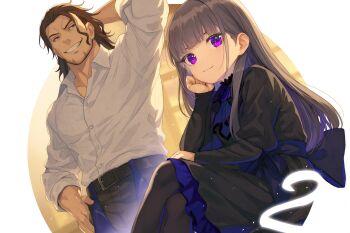 1boy 1girl absurdres arm_support black_dress blunt_bangs brown_hair commentary_request dress facial_hair highres leviel_stanz long_hair long_sleeves mikata_ga_yowasugite_hojo_mahou_ni_tesshiteita_kyuutei_mahoushi_tsuihou_sarete_saikyou_wo_mezashimasu puffy_long_sleeves puffy_sleeves purple_eyes rosa_arhatia shirt short_hair smile stubble white_shirt yuunagi_(seventh_heaven)