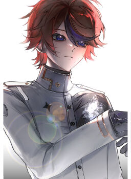 1boy absurdres black_gloves blue_eyes blue_hair buttons chinese_commentary closed_mouth commentary_request dingli expressionless gloves gradient_background highres hole_in_chest hole_on_body jacket long_sleeves male_focus multicolored_hair official_alternate_color red_hair short_hair solo streaked_hair sumino_takumi the_hundred_line_-last_defense_academy- two-tone_hair upper_body white_jacket